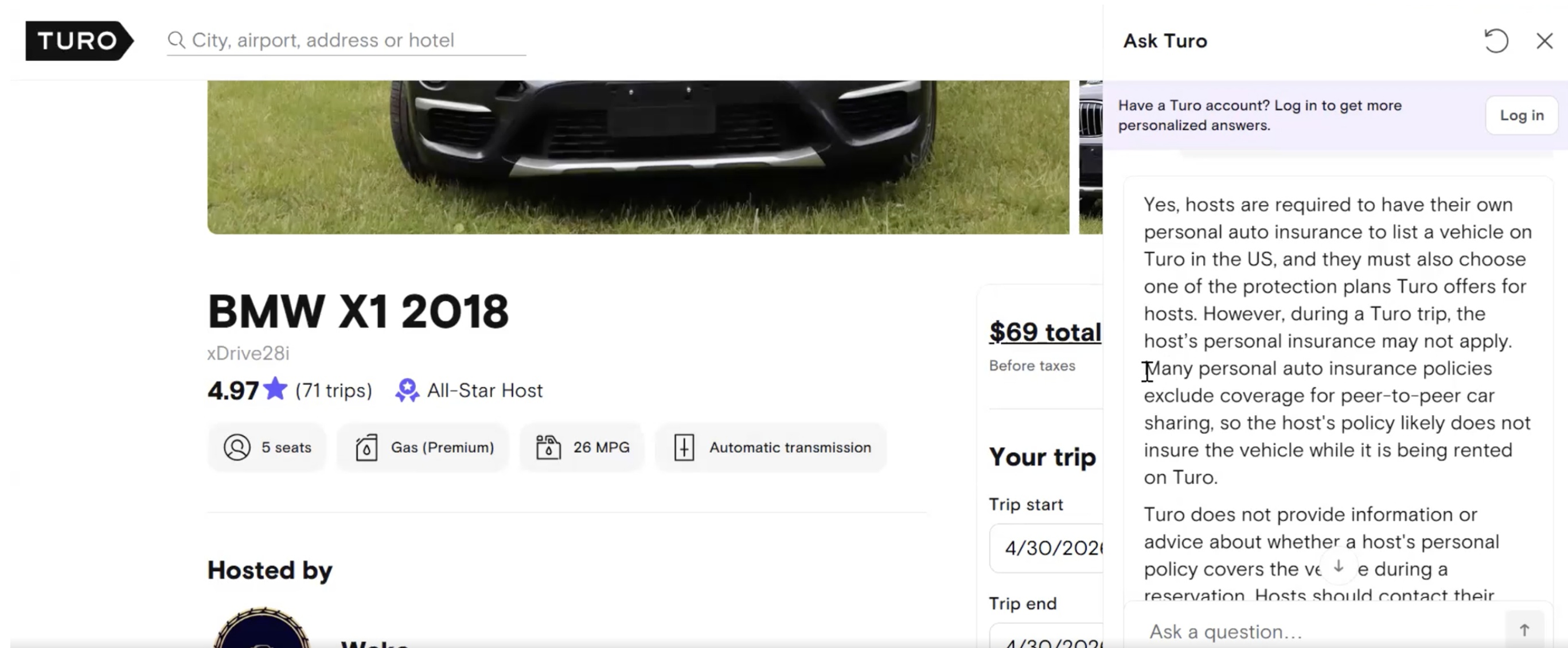 Turo's bot replies to a participant's question about vehicle protection with several paragraphs and little specifics. The chatbot says that Turo does not provide information or advice.