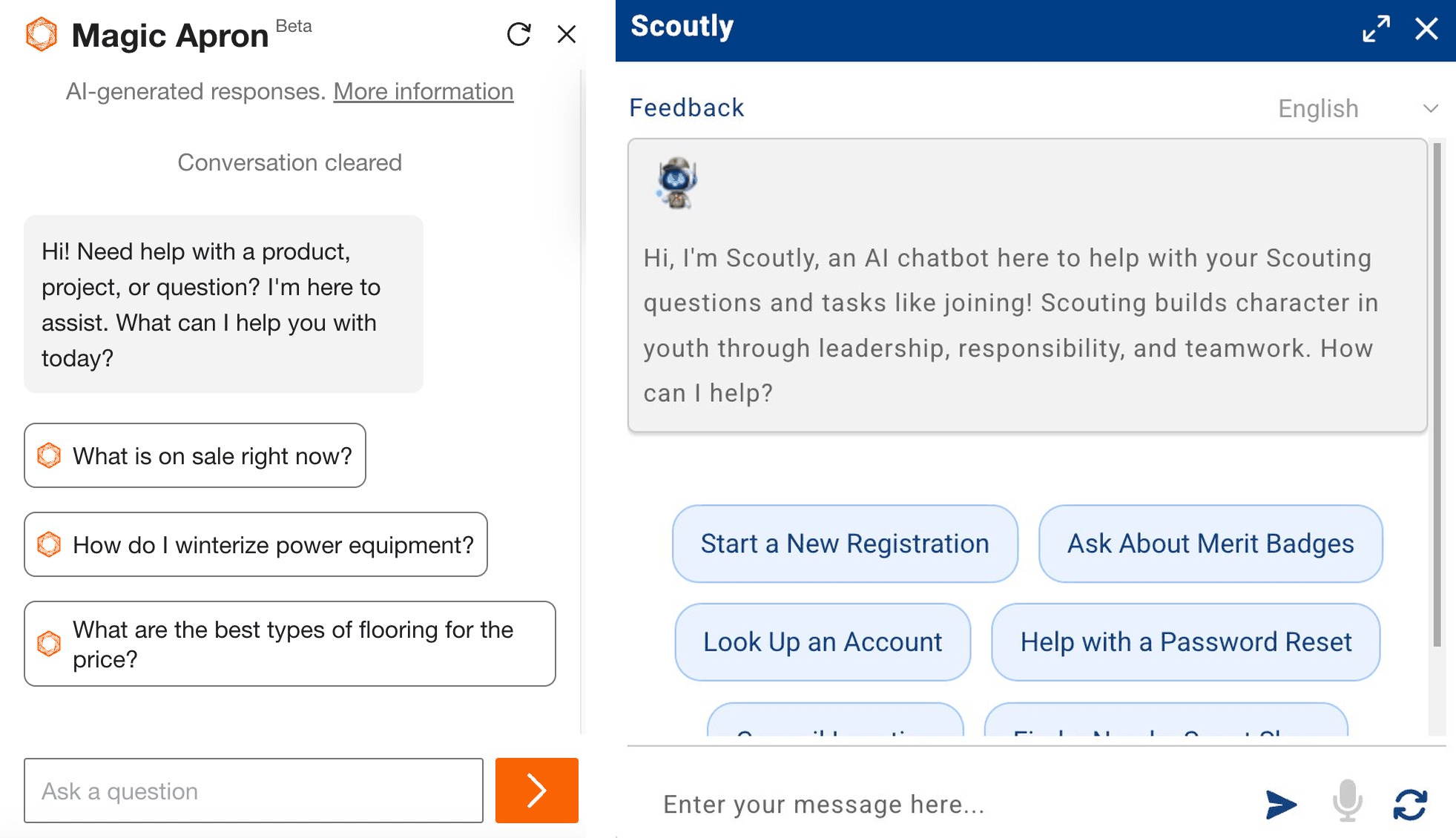 Two AI chatbot interfaces side by side: Home Depot's Magic Apron and Scouting America's Scoutly, both showing suggested question prompts to help users start a conversation.
