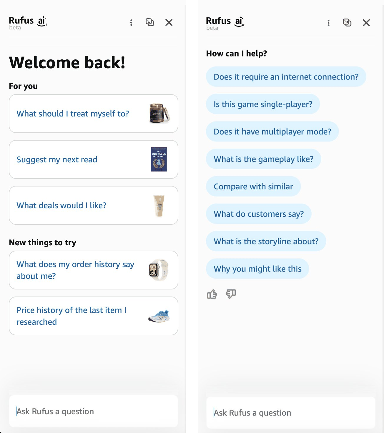 Two Rufus AI windows. Each offers various sample prompts based on the user's context.