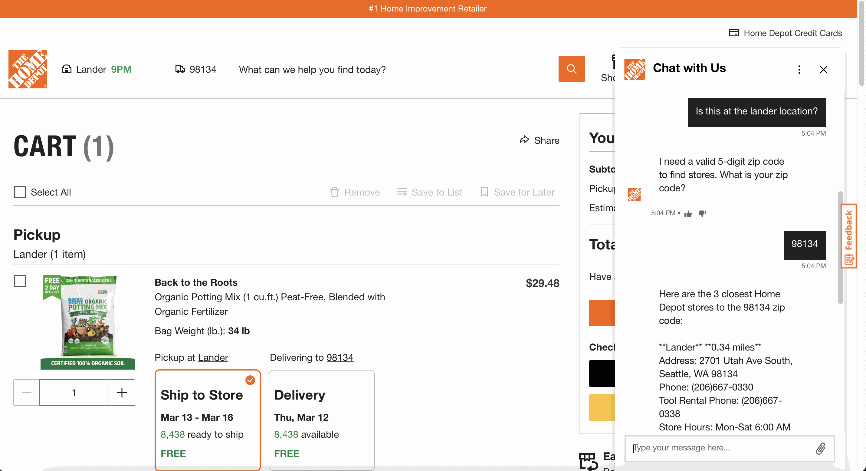 Home Depot cart page with the Live Chat window open; the bot asks for a zip code and lists nearest stores instead of answering whether the product is at the user's local store.
