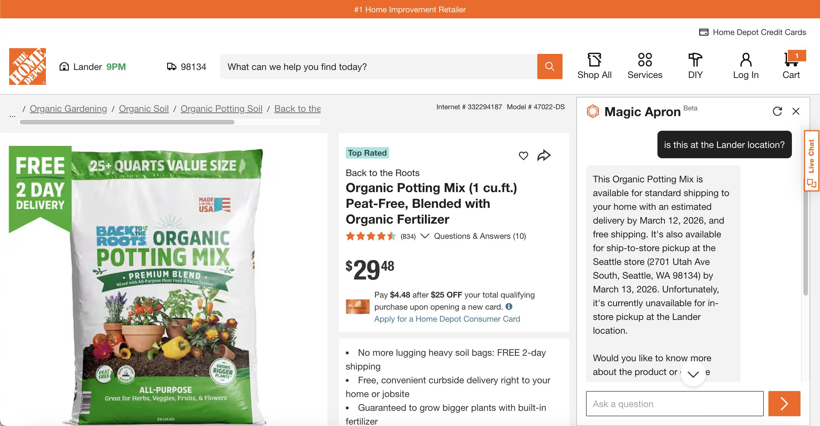 Home Depot cart page with the Magic Apron window open; the AI answers whether the product is at the user's store. 