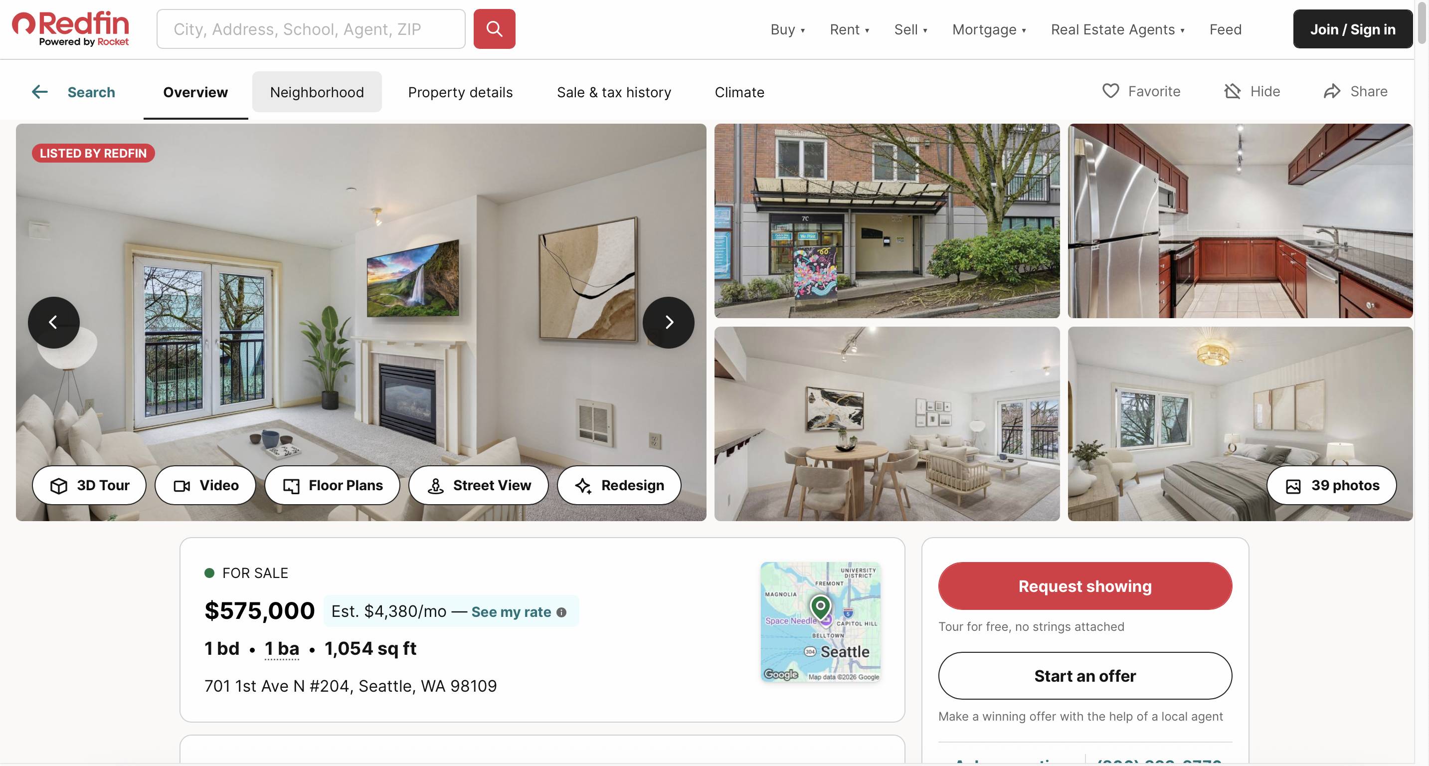 Redfin home listing page for a Seattle condo with no chatbot icon visible anywhere on screen.