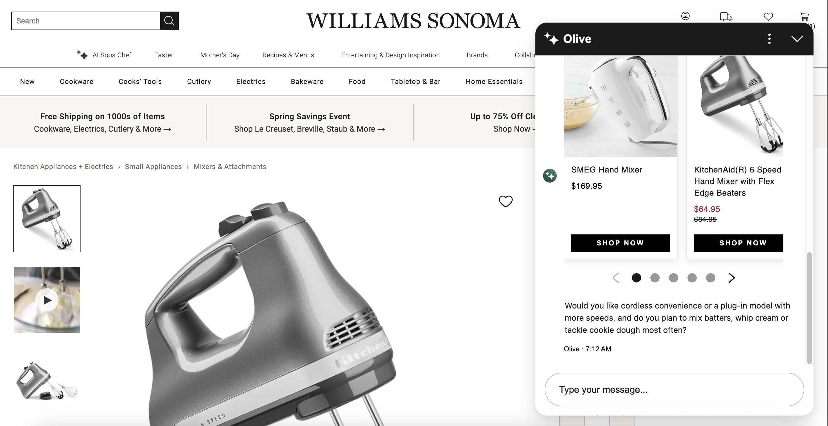 Williams Sonoma hand mixer product page with the Olive chat panel open on the right, showing hand-mixer options and the conversation continuing while the user browses.