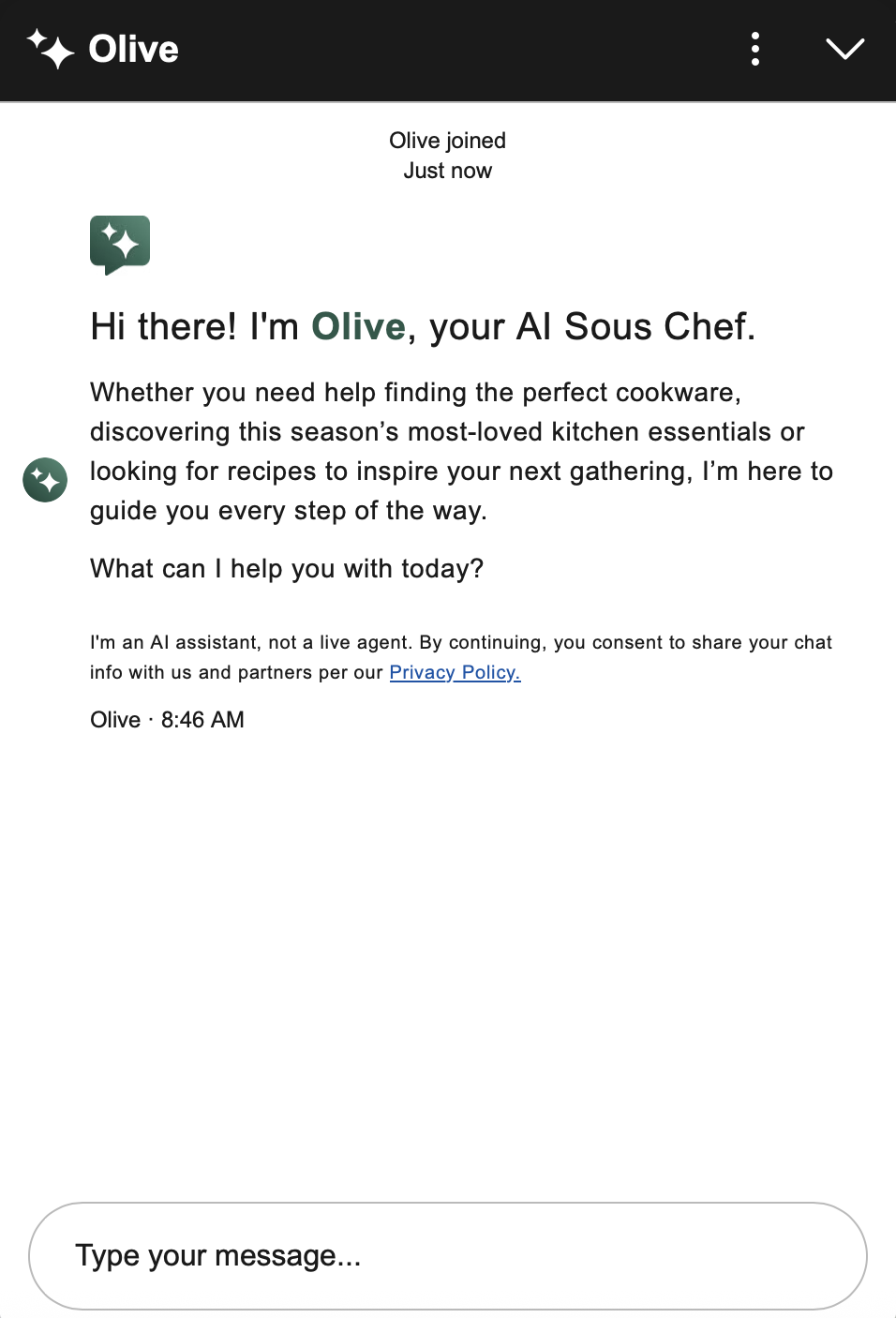 Williams Sonoma's AI Sous Chef chatbot opens by saying it can help with finding cookware, discovering kitchen essentials, and looking up recipes.