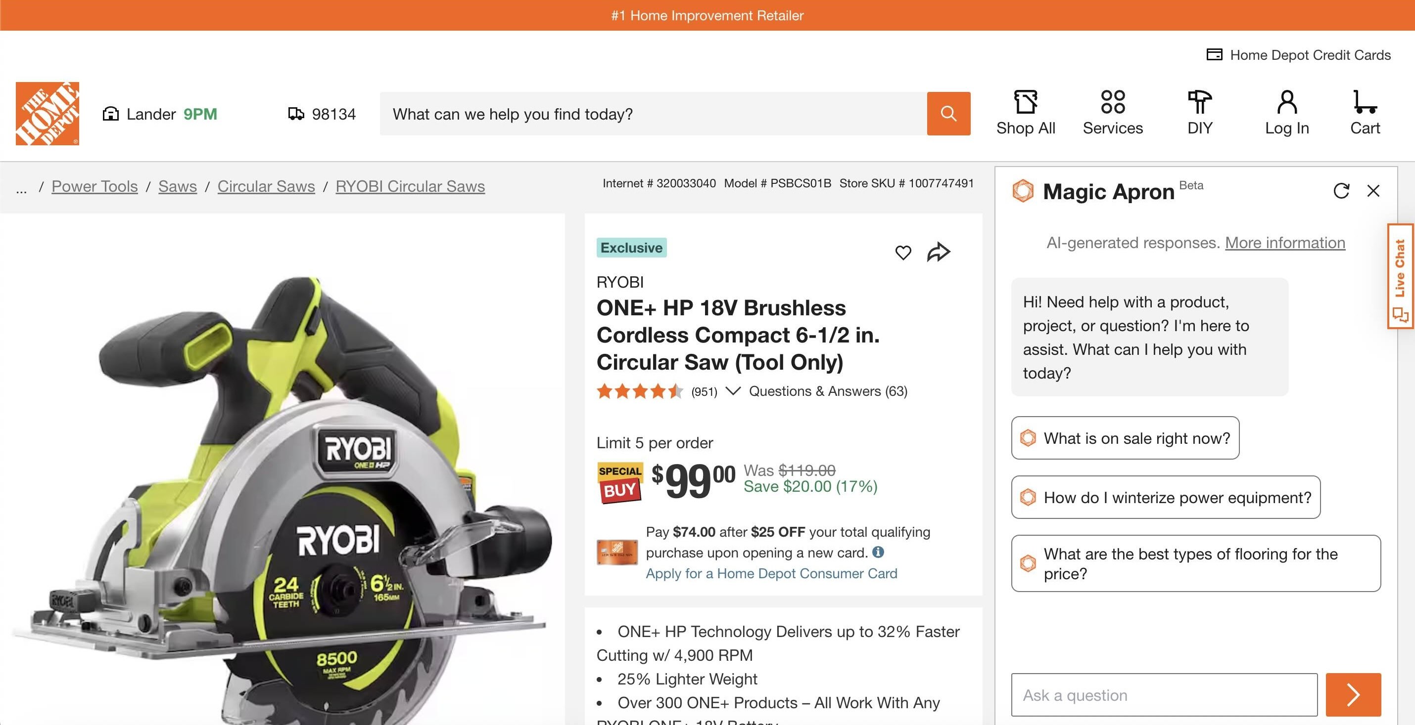 Home Depot circular saw product page with Magic Apron open, offering generic prompts like "What is on sale right now?" and "How do I winterize power equipment?" — none referencing the product on screen.