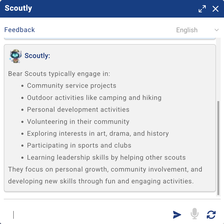 Scoutly window with a output and then a field for inputting your next question. 