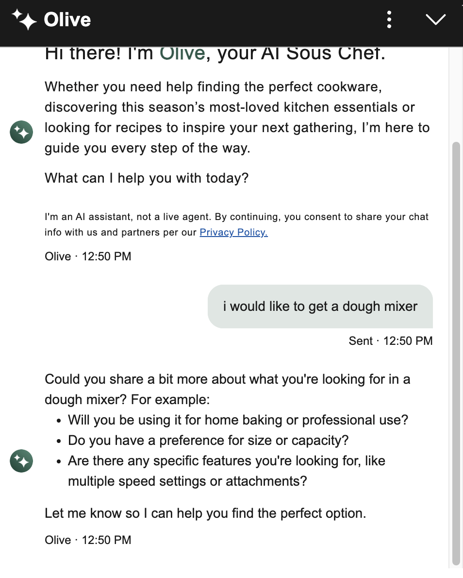 Williams Sonoma's chatbot asking follow-up questions as plain text in the message, forcing the user to type answers.