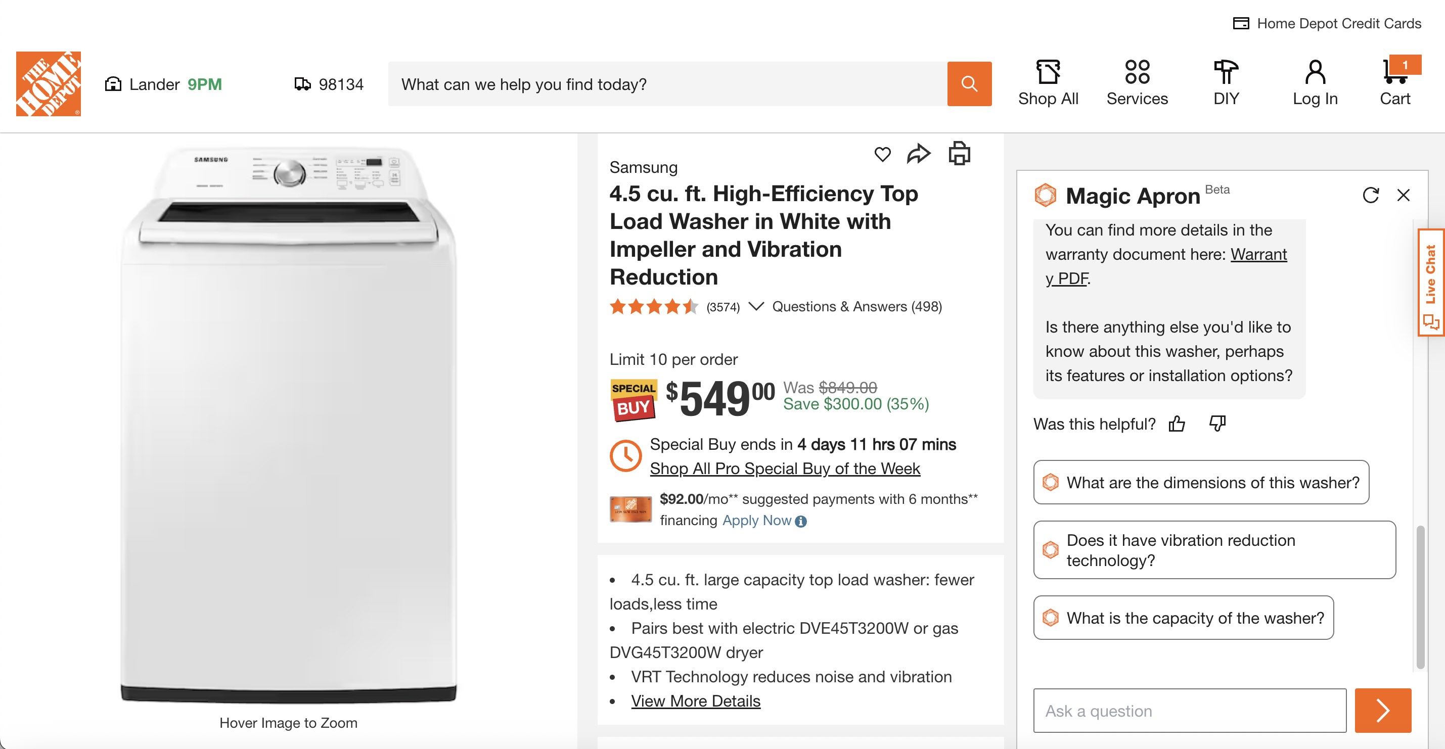 Home Depot's Magic Apron offering clickable follow-up question buttons after its response.