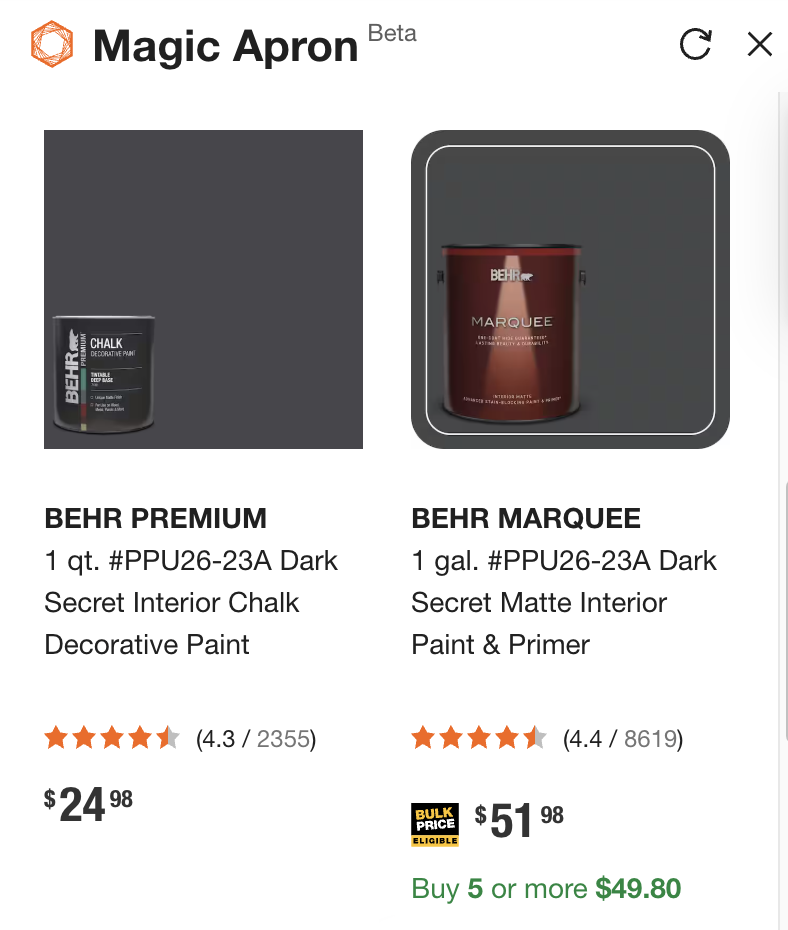 Home Depot's Magic Apron showing a swipeable carousel of paint products with images, names, and links.