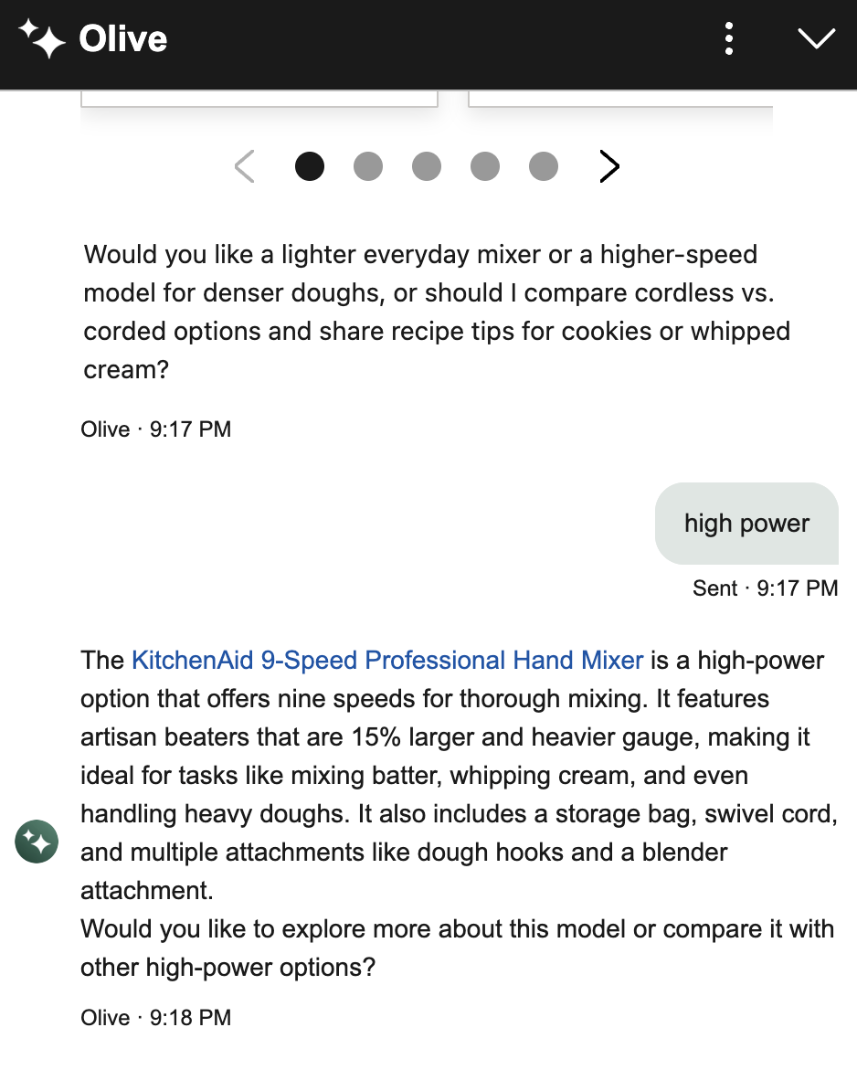 Williams Sonoma's chatbot recommending a single mixer using only a product name and link, with no image.
