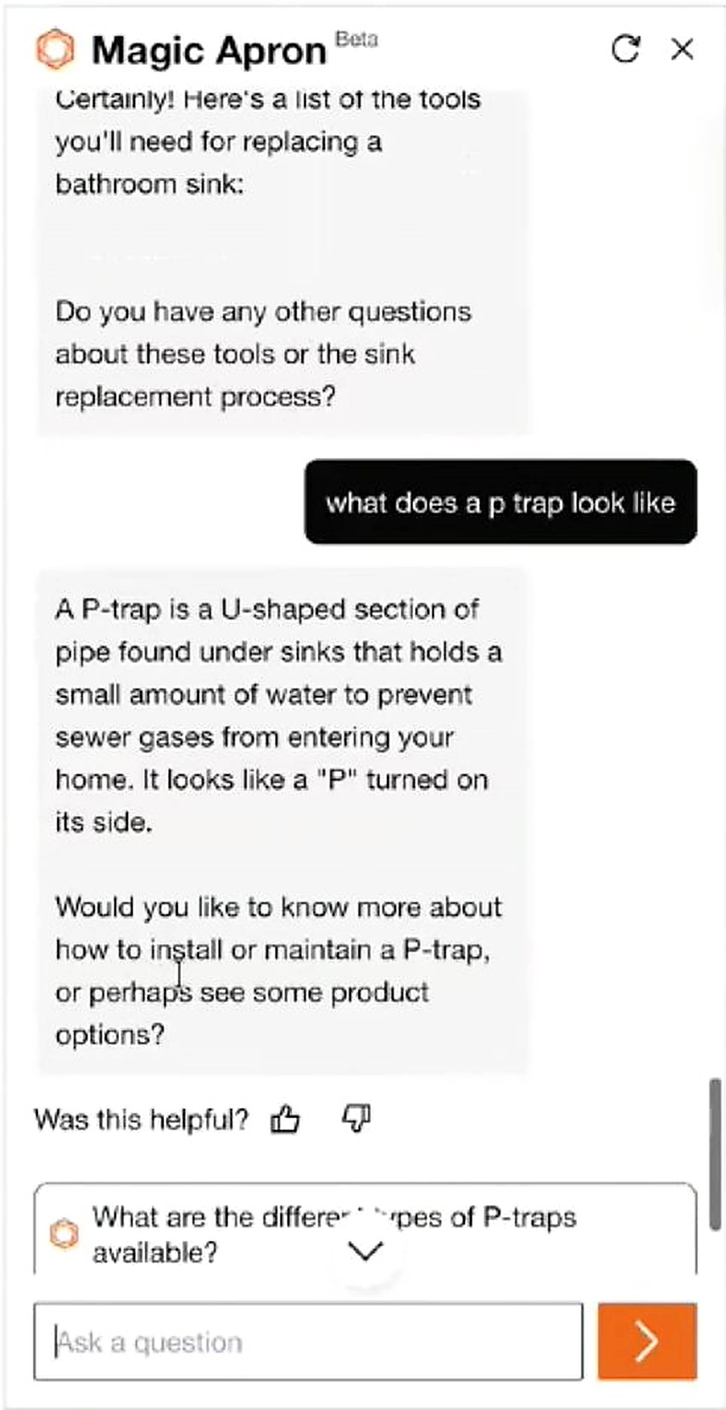 Home Depot's Magic Apron giving step-by-step bathroom sink installation instructions as a wall of text, with no accompanying diagrams or part images.