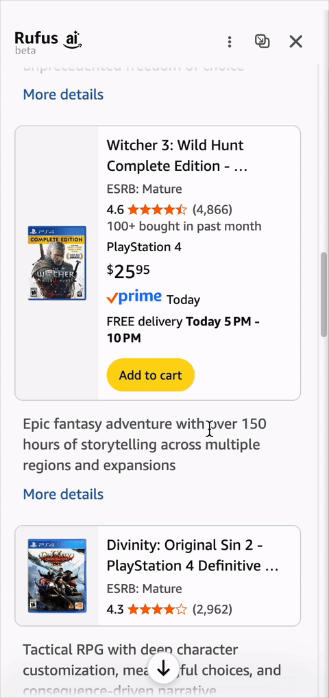 Clicking the "More details" link under a product in Rufus generates a new chat response at the bottom of the conversation, pushing the product list out of view.