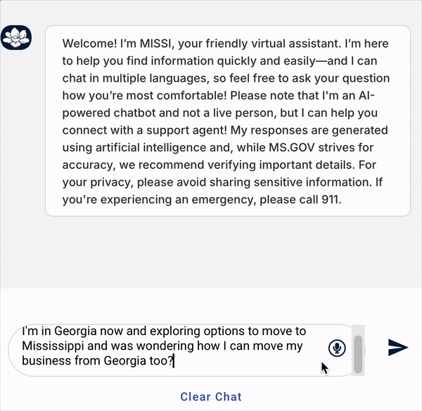 MISSI streams a long welcome message while autoscrolling to the bottom, preventing the user from reading it from the start.