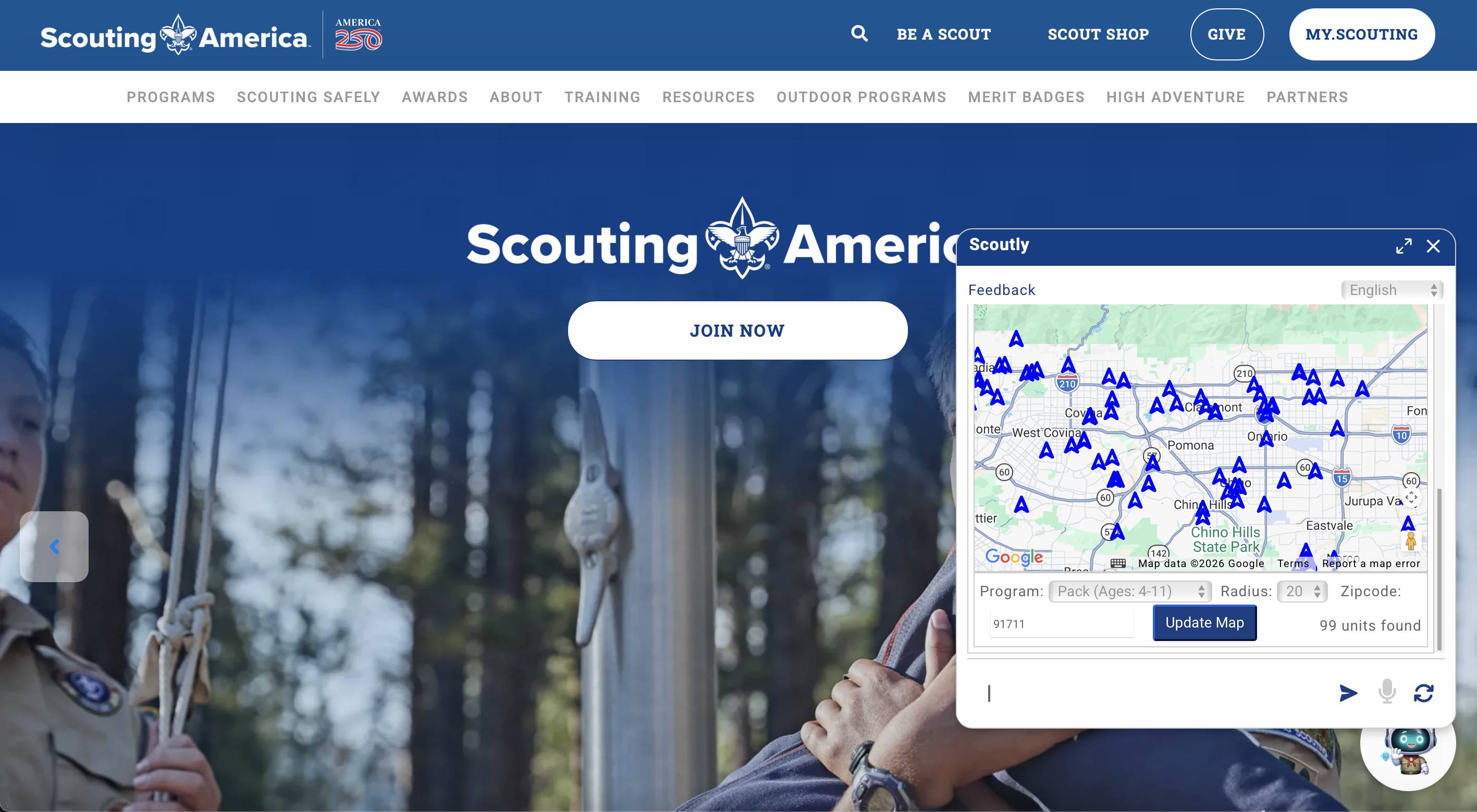 Scouting America's Scoutly chatbot resized to a larger window, showing an interactive map with clearly legible pins and controls.