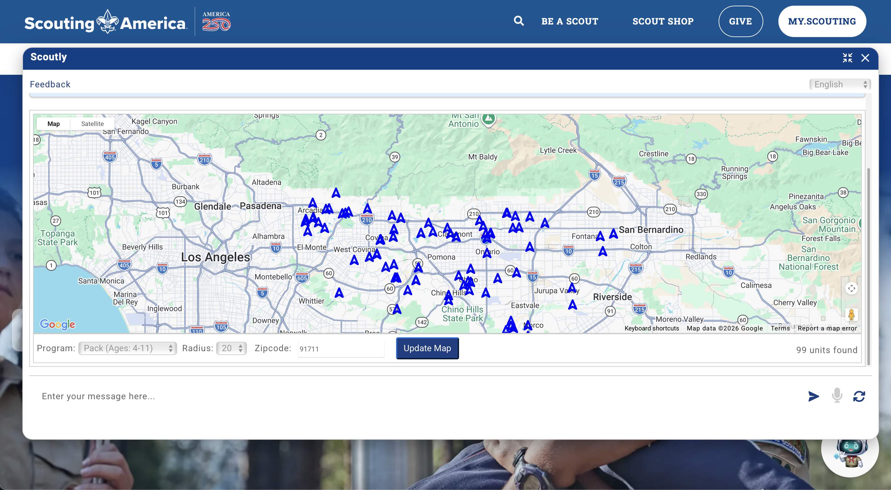Scouting America's Scoutly in its small default chat window showing a cramped interactive map that is hard to read.