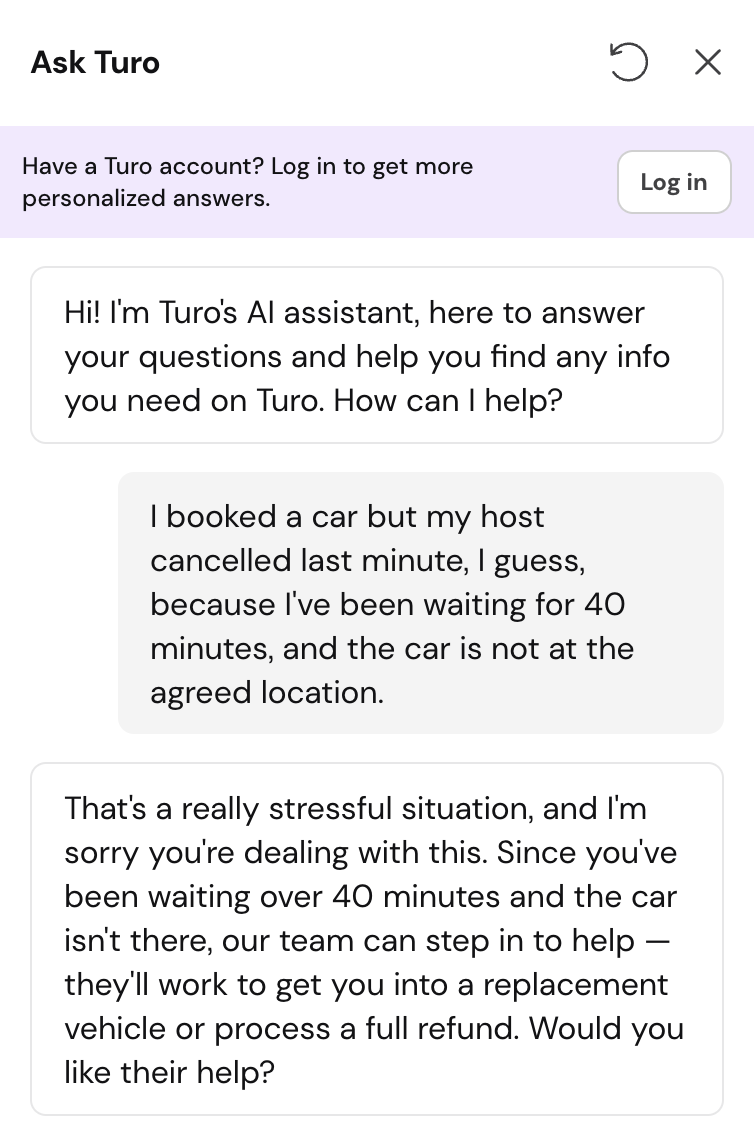 Ask Turo chat. The user explains their host cancelled last minute and they've waited 40 minutes for a car that isn't at the agreed location. The bot calls it a stressful situation and says it's sorry they're dealing with it, then explains the team can step in to arrange a replacement vehicle or a full refund, and asks whether the user wants that help.