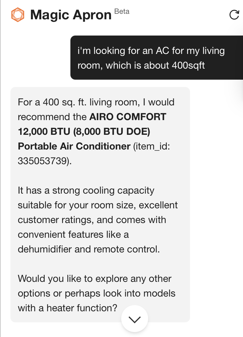 Home Depot's Magic Apron chat. The user says they're looking for an AC for a roughly 400-square-foot living room. The bot recommends a specific unit and explains why it fits: strong cooling capacity for the room size, good customer ratings, and features like a dehumidifier and remote control.