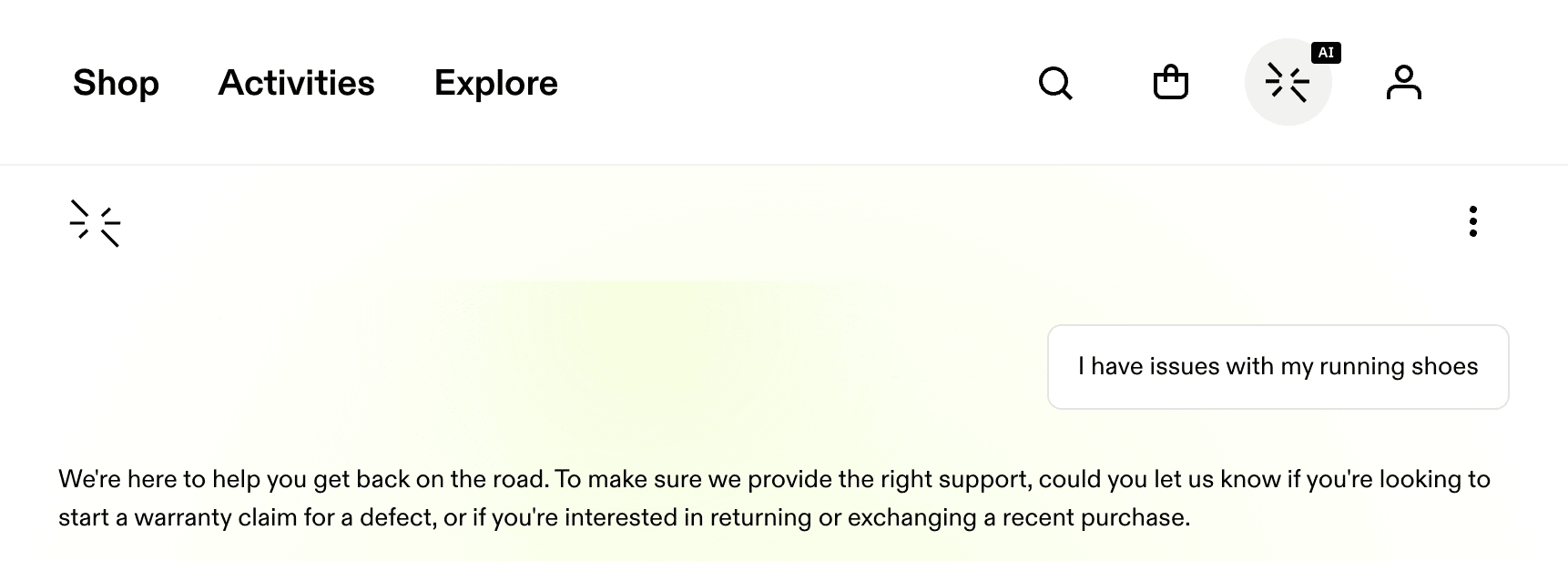 On chat. The user writes "I have issues with my running shoes." The bot responds, "We're here to help you get back on the road," then asks whether they want to start a warranty claim for a defect or return/exchange a recent purchase — acknowledging the situation without claiming to feel anything.