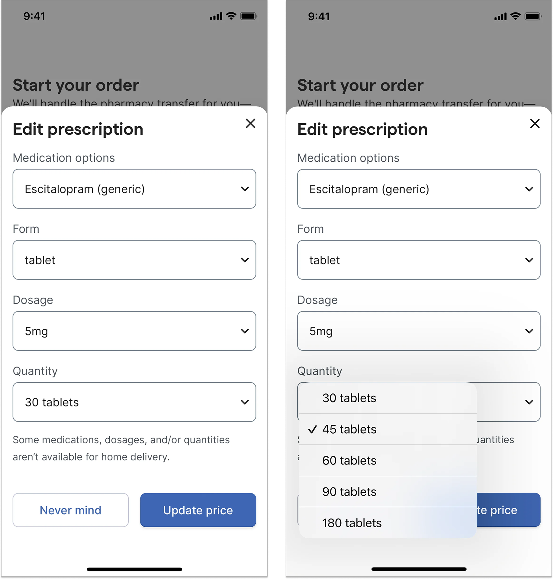 A dropdown for pill quantity with 5 options: 30, 45, 60, 90, and 180.