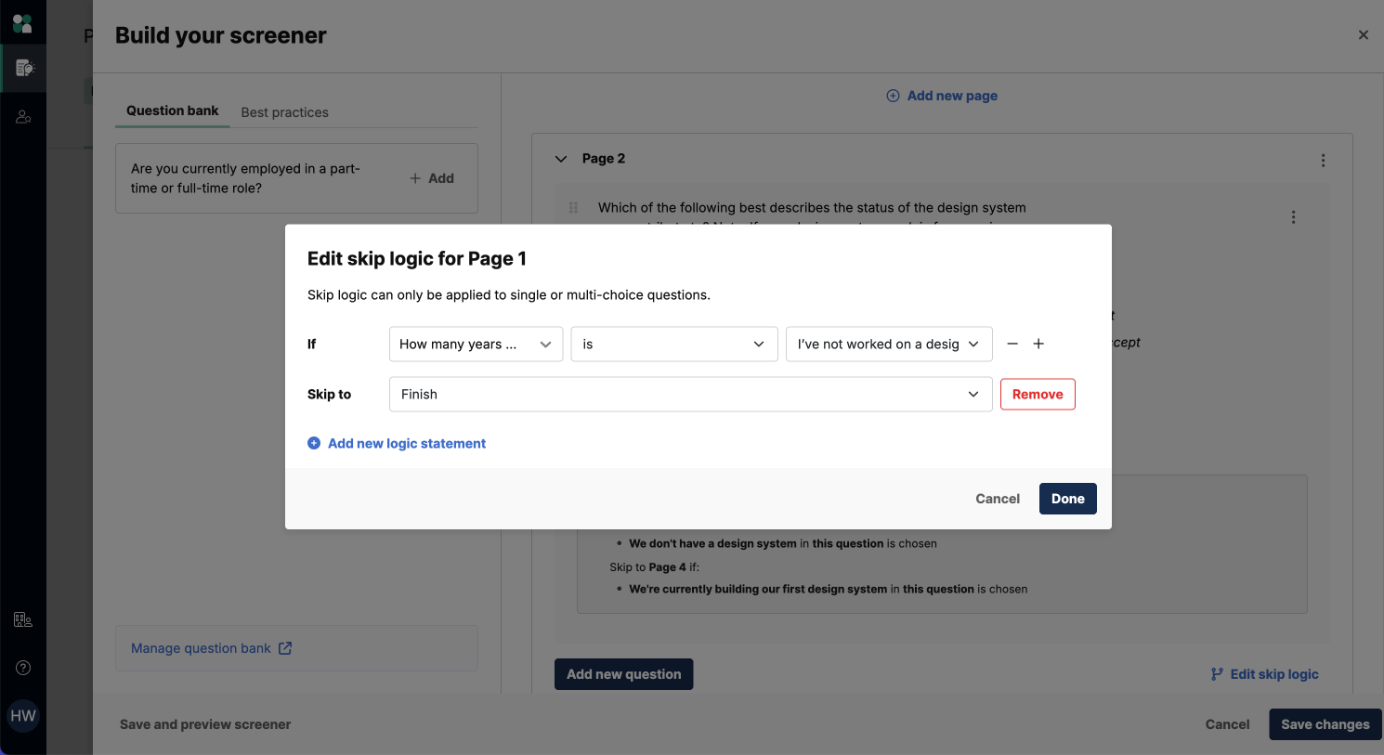 User Interviews skip-logic editor: inline dropdowns form a sentence — If [question] [is] [answer], Skip to [destination].