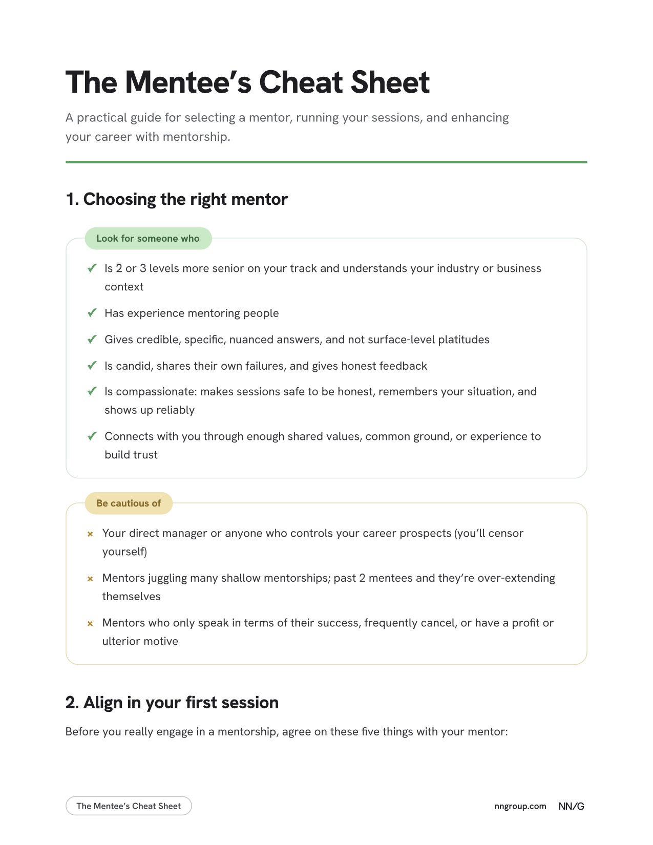 A preview of a downloadable guide titled "The Mentee’s Cheat Sheet" providing practical advice on selecting a mentor and running mentorship sessions. It includes a checklist with green check marks highlighting qualities to look for in a mentor, such as experience and compassion, and warnings with orange crosses about mentors to avoid, like direct managers or those with ulterior motives.