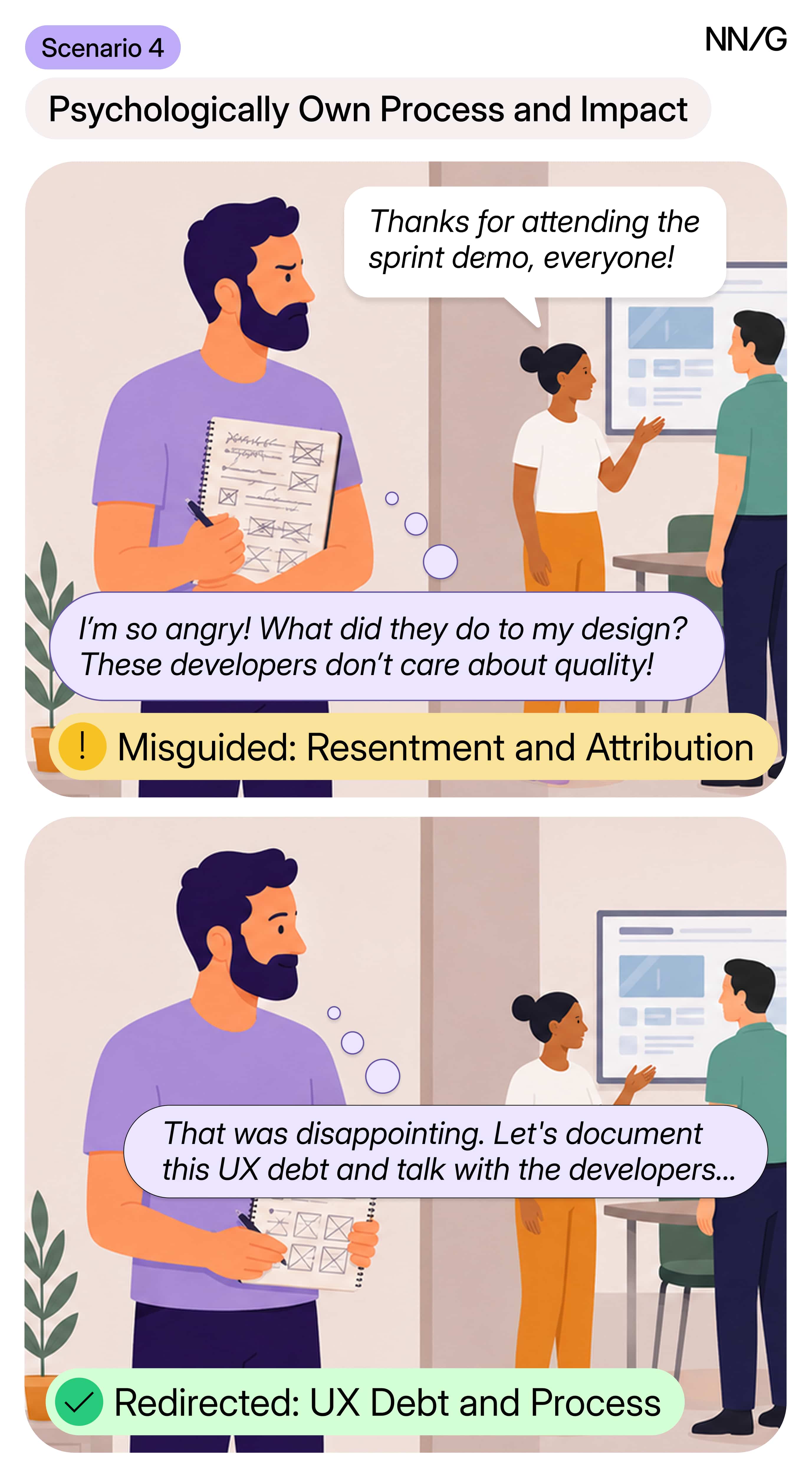 A two-panel comic illustrates a man reacting to a design review in a workplace setting. The left panel shows him angrily blaming developers with a yellow warning label "Misguided: Resentment and Attribution," while the right panel depicts a calmer approach focusing on documenting UX debt and collaborating, marked with a green check and labeled "Redirected: UX Debt and Process."
