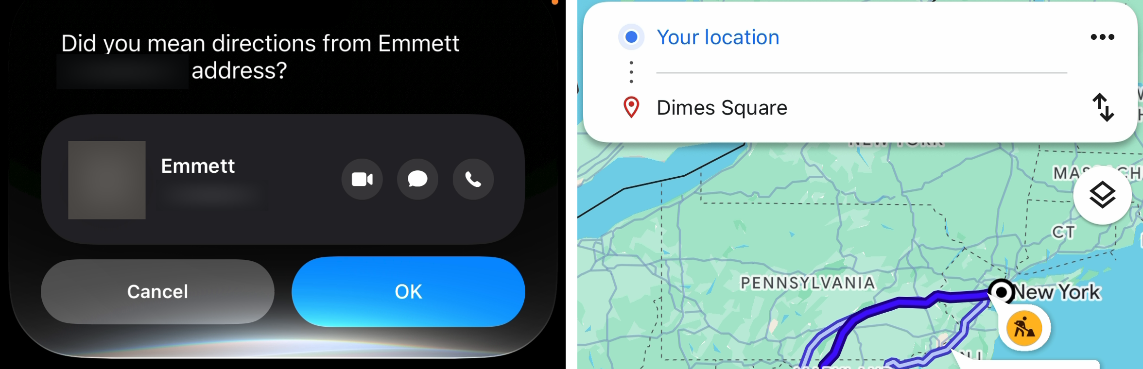Siri AI asks whether the route should start from Emmett’s address, with private contact details obscured; Google Maps then labels the origin Your location and the destination Dimes Square.