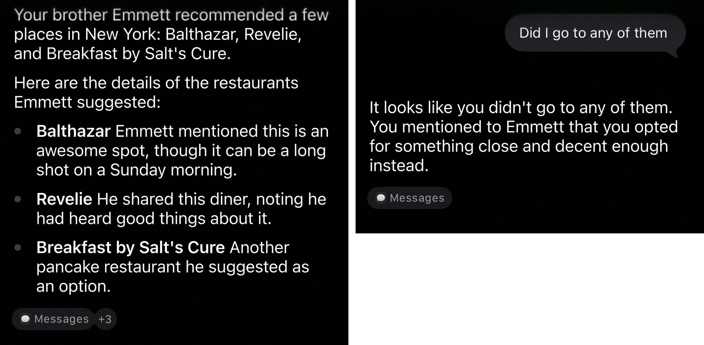 Siri AI lists three restaurant recommendations with short descriptions and source labels, then answers the follow-up with a Messages source label.