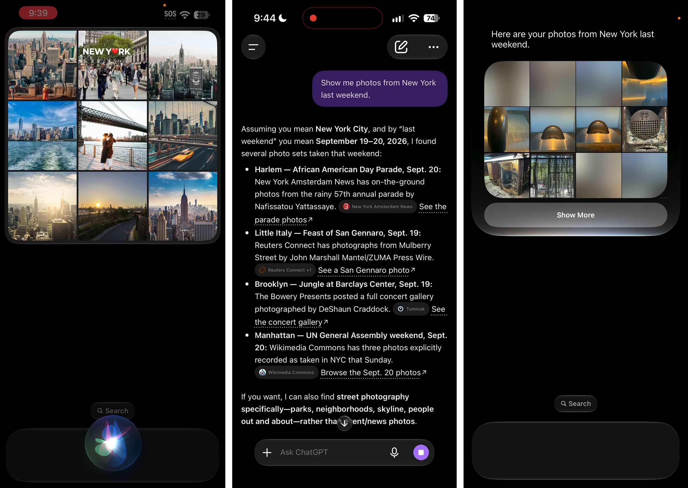 Old Siri shows generic New York images; ChatGPT lists links to news photo galleries; Siri AI shows the author’s trip photos.