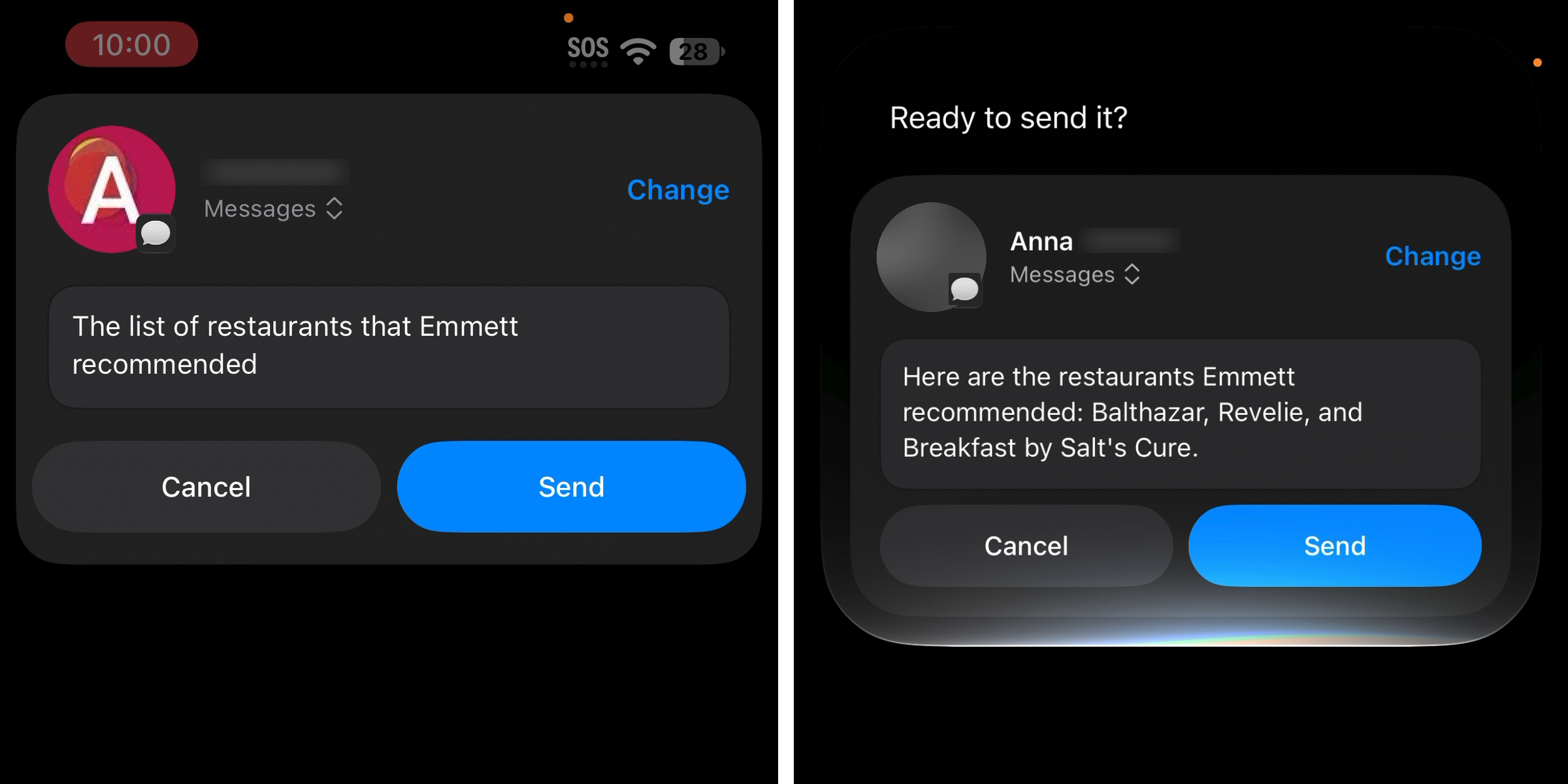 Old Siri prepares a message to the wrong contact containing the request itself; Siri AI prepares the restaurant list for Anna. Both show Cancel and Send controls.