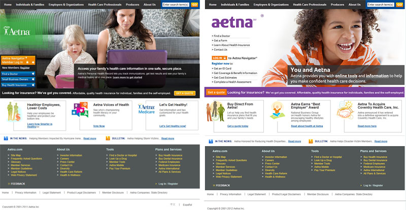 Homepage Design Changes Screenshots from 2011 (left) and 2012 (right) of the homepage for the