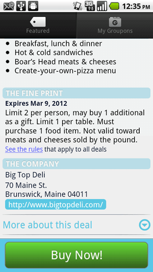 The first screenshot of a Groupon deal, as seen in the mobile view