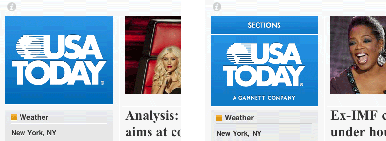 Before and after screenshots of upper left part of USA Today's iPad application